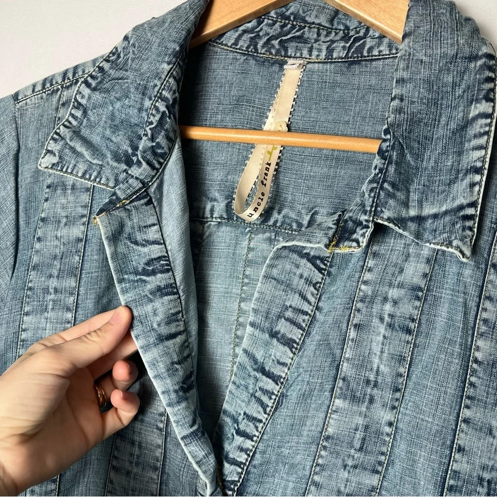 Uncle Frank Short Sleeve Collared Blue Denim Shift Dress Pockets Small Boho - Picture 8 of 11